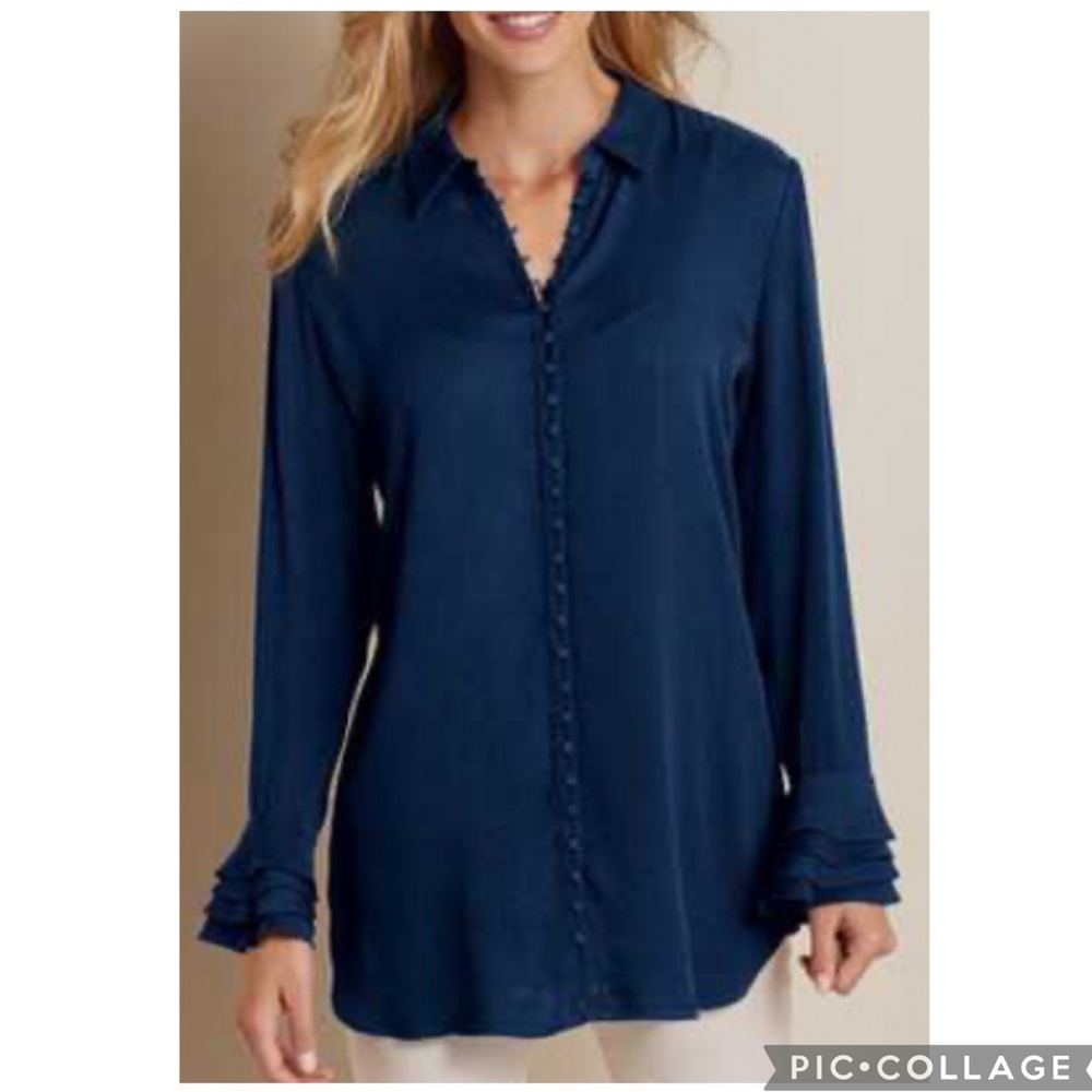 Euc Soft Surroundings Navy Sonnet Long Sleeve Blouse